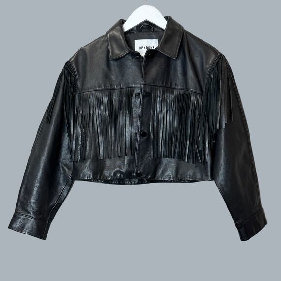 Re/Done Black Leather Fringe Jacket Drop Shoulder Women's Small NWOT - Picture 4 of 16